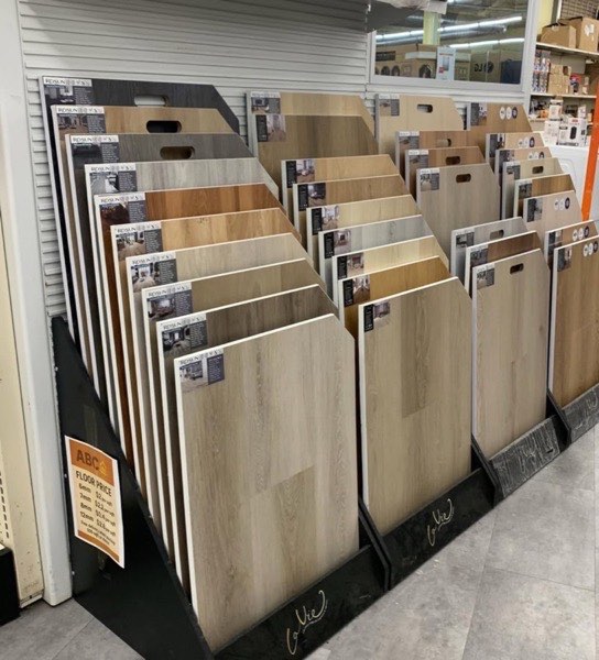 Vinyl plank flooring sample boards on display