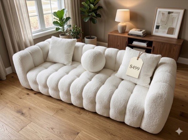 White boucle puffed sofa with $499 price tag