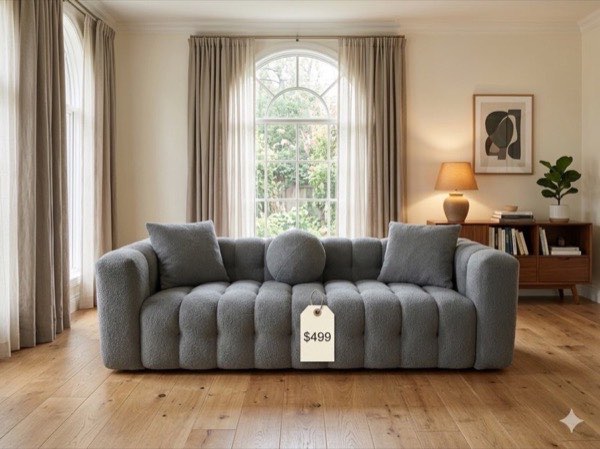 Grey channel-tufted sofa with $499 price tag