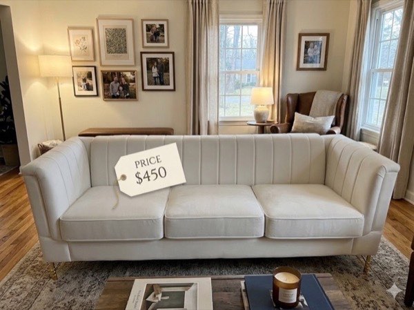 White velvet sofa with $450 price tag